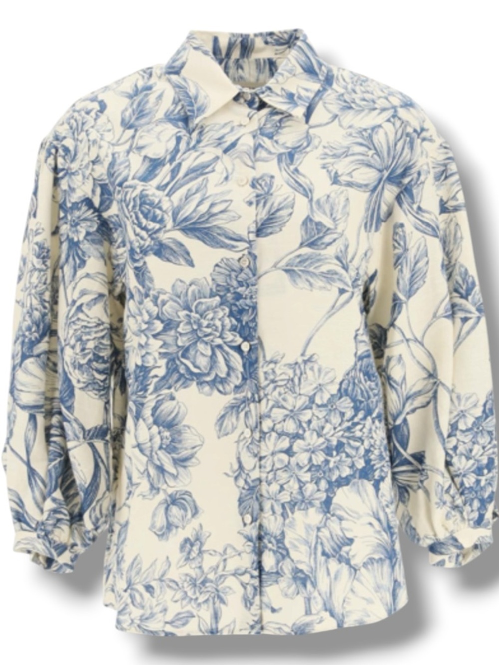 Weekend Max Mara Condor Linen Cotton Floral Shirt Balloon Sleeve Blue Ivory 8